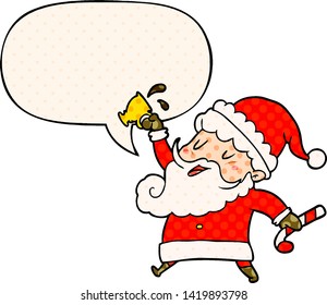 cartoon santa claus with hot cocoa with speech bubble in comic book style