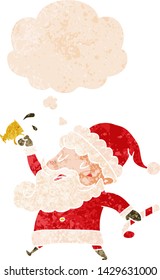cartoon santa claus with hot cocoa with thought bubble in grunge distressed retro textured style