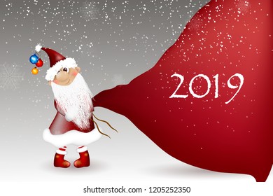  Cartoon of Santa Claus. Santa Claus with huge, red, heavy bag with presents, gift boxes  isolated. Happy Santa Claus cartoon character for winter, new year holidays.