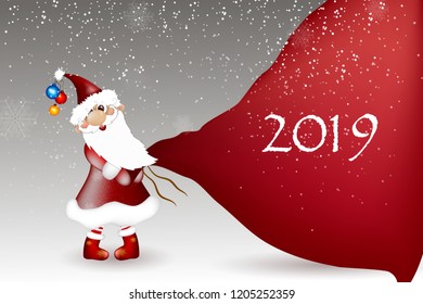  Cartoon of Santa Claus. Santa Claus with huge, red, heavy bag with presents, gift boxes  isolated. Happy Santa Claus cartoon character for winter, new year holidays.