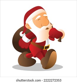 cartoon Santa Claus illustrations isolated on white. Funny happy Santa Claus character with gift, bag with presents, waving and greeting