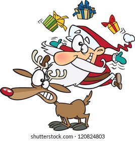 cartoon santa claus juggling presents on rudolphs back