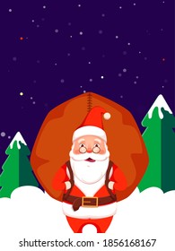 Cartoon Santa Claus Lifting A Heavy Bag With Xmas Trees On Purple Snowfall Background.