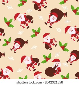 Cartoon Santa Claus Lifting Heavy Bag With Holly Berries And Snowflakes Decorated Background.