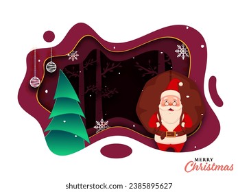 Cartoon Santa Claus Lifting a Heavy Sack with Xmas Tree, Snowflakes and Hanging Baubles on Claret Paper Layer Cut Background for Merry Christmas Celebration.