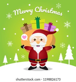 Cartoon Santa Claus with Merry Christmas lettering flat style for Greeting Card and website, Vector illustration.