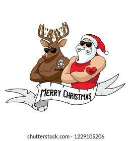 Cartoon Santa Claus muscle man mascot with his muscular reindeer sporting naughty and nice tattoos. Tattoo Santa Claus logo idea. Eps10 vector illustration.