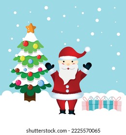 Cartoon santa claus near the christmas tree with gifts.