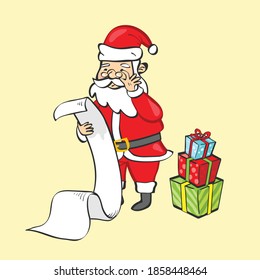 Caricatura de Santa Claus con nota y vector de regalo, nota de lectura de santa claus
