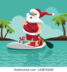 A Cartoon Santa Claus on his stand up paddle board in the tropics. For Christmas in July, greeting cards, poster. Eps10 vector illustration.