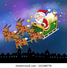 Cartoon Santa Claus on a pet reindeer sleigh with present for children in Christmas flying in night scene over the town background, create by vector