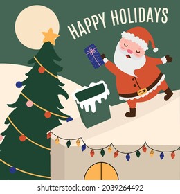 Cartoon Santa Claus on the roof of the house throws a gift for children into the chimney. Postcard or poster with holiday greetings. Vector flat illustration