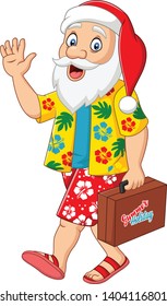 Cartoon Santa claus on vacation with a suitcase