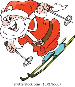 Cartoon Santa Claus on winter holiday skiing happily vector illustration