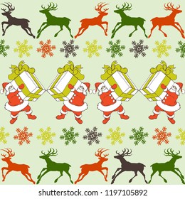 Cartoon-Santa-Claus-Muster, Rentiere-Silhouetten und Schneeflocken