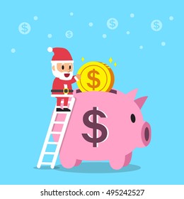 Cartoon santa claus with piggy bank