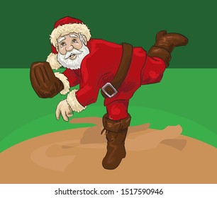 Cartoon of santa claus pitching baseball