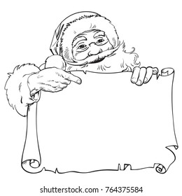 Cartoon Santa Claus pointing to blank, empty  scroll with place for text. Vintage Santa peeping from behind old paper. Christmas ,new year design. Sketch style hand drawn vector illustration.