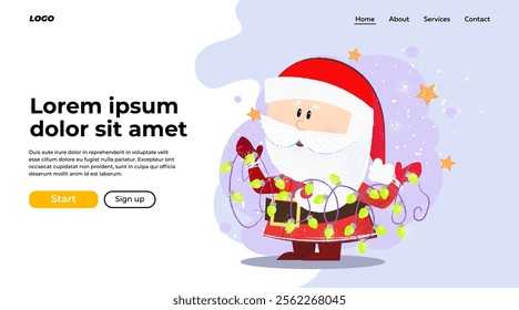 Cartoon Santa Claus preparing Christmas party and holding garland. Christmas decoration concept. Vector illustration can be used for banner or landing page designs