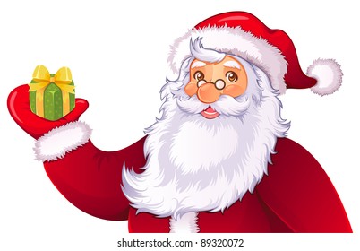 Cartoon Santa Claus with present box.