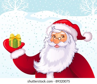 Cartoon Santa Claus with present box on winter background.