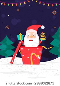 Cartoon Santa Claus Presenting Cake Inside Gift Box and Xmas Trees on Snowy Purple Background for Merry Christmas Celebration.