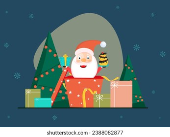 Cartoon Santa Claus Presenting Cake Inside Gift Box and Xmas Trees on Blue Background for Merry Christmas Celebration.