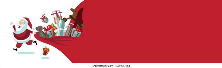 Cartoon Santa Claus pulling a huge bag of Christmas gifts. Banner background with copy space. EPS10 vector illustration.