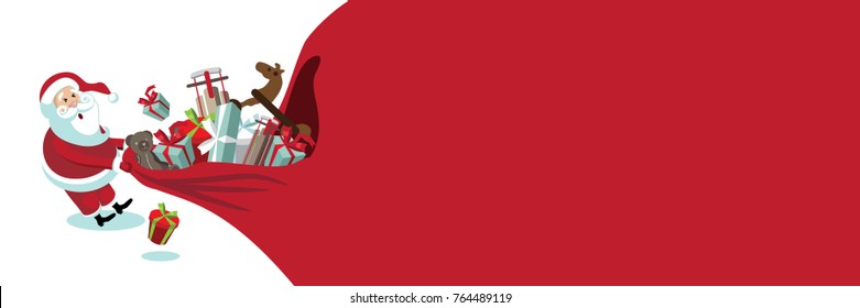 Cartoon Santa Claus pulling a huge bag of Christmas gifts. Banner background with copy space. EPS 10 vector illustration.