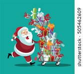 Cartoon Santa Claus pushing a Christmas shopping cart overflowing with tumbling gifts. EPS 10 vector.