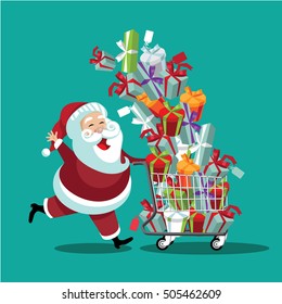 Cartoon Santa Claus pushing a Christmas shopping cart overflowing with tumbling gifts. EPS 10 vector.