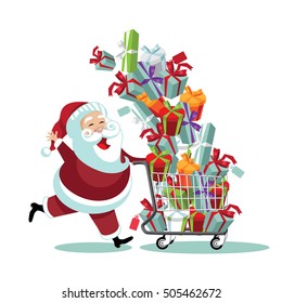 Cartoon Santa Claus pushing a Christmas shopping cart overflowing with tumbling gifts. EPS 10 vector.