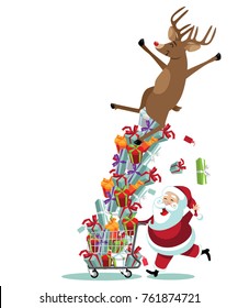 Cartoon Santa Claus pushing his reindeer in a shopping cart full of Christmas gifts. Santa and his reindeer happily doing their holiday shopping. EPS 10 vector illustration.