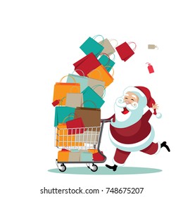 Cartoon Santa Claus pushing a shopping cart full of gifts. EPS 10 vector.