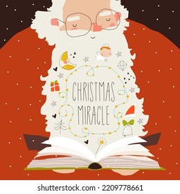 Cartoon Santa Claus reading Book and preparing for Magic Christmas