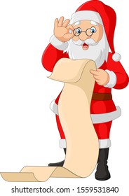 Cartoon santa claus reading a long list of gifts