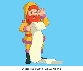 Cartoon santa claus reading a long list of gifts vector illustration