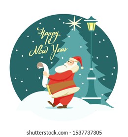 Cartoon Santa Claus reading a scroll standing next to a street lamp against the background of a Christmas tree and the night sky. Lettering Happy New Year. Christmas and New Year card.