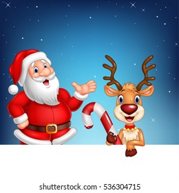 Cartoon Santa Claus and reindeer with blank sign