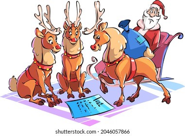 Cartoon Santa Claus and the reindeer. Deer santas read the list. Fun illustration