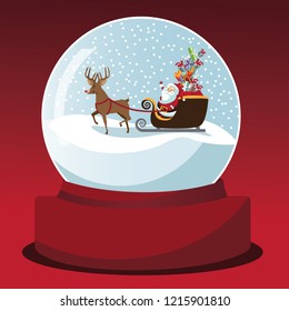 Cartoon Santa Claus and reindeer deliver Christmas gifts in a snow globe. Snowy Father Christmas scene under glass. EPS10 vector illustration.