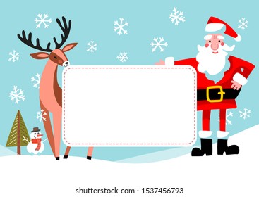 Cartoon Santa Claus and reindeer with empty banner. Vector vintage Christmas greeting card design. Free space for text