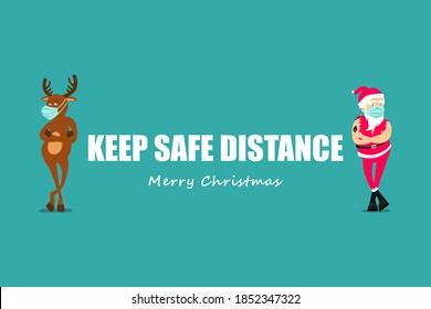 Cartoon Santa Claus and  reindeer  in medical mask. Christmas greeting card 2021. Inscription Keep safe distance