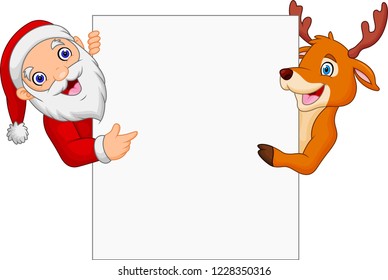 Cartoon Santa Claus and reindeer pointing at blank sign