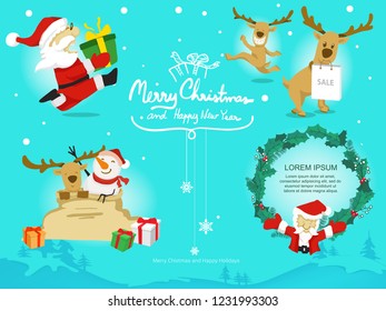 Cartoon Santa Claus Reindeer Snowman And Leaf On Line Background,vector And Doodle Style