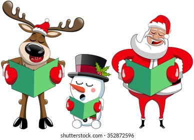 Cartoon Santa Claus reindeer and snowman singing christmas carol