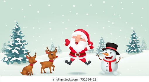 Cartoon Santa Claus, reindeer and snowman