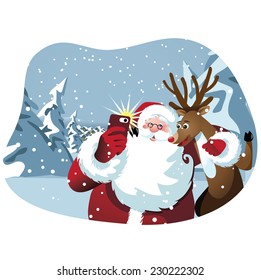 Cartoon Santa Claus and reindeer take a selfie EPS 10 vector illustration