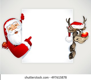 Cartoon Santa Claus and reindeer. Vector vintage Christmas greeting card design. Copy space for text.