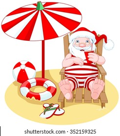 Cartoon Santa Claus relaxes on the beach